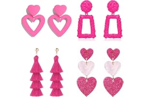 PNYFIL 4PCS Pink Heart Earrings Hot Pink Earrings for Women Lover Earrings Magenta Earrings Rectangle Dangle Earrings Tassel Earrings for Women Lightweight Statement Jewelry