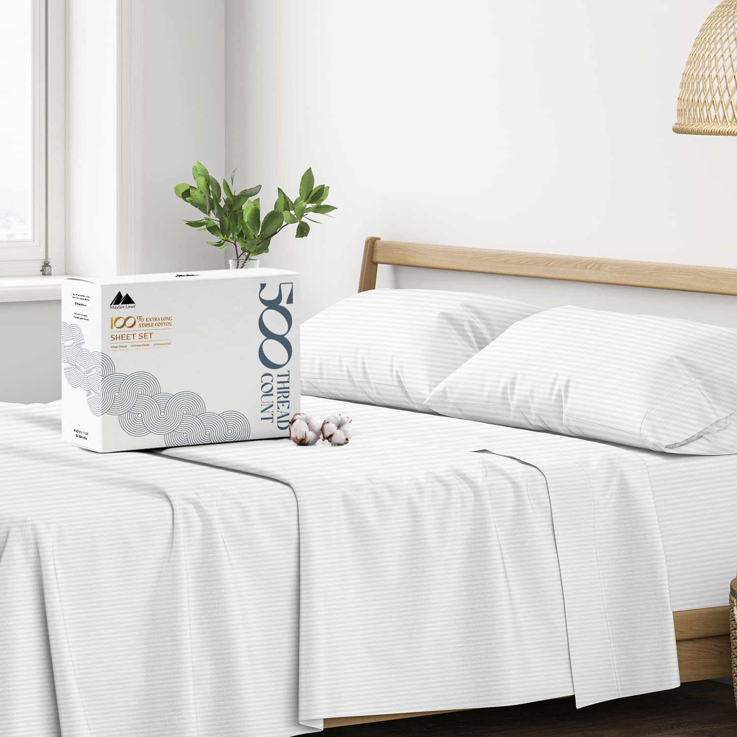 Photo 1 of Mayfair Linen 100% Cotton Striped Sheets King Size Bed Set - 500 Thread Count Damask Sheets King Size 4 PC Set (White Stripe), Soft, Cooling, Sateen Weave Hotel-Quality 16" Deep Pocket Bedsheet