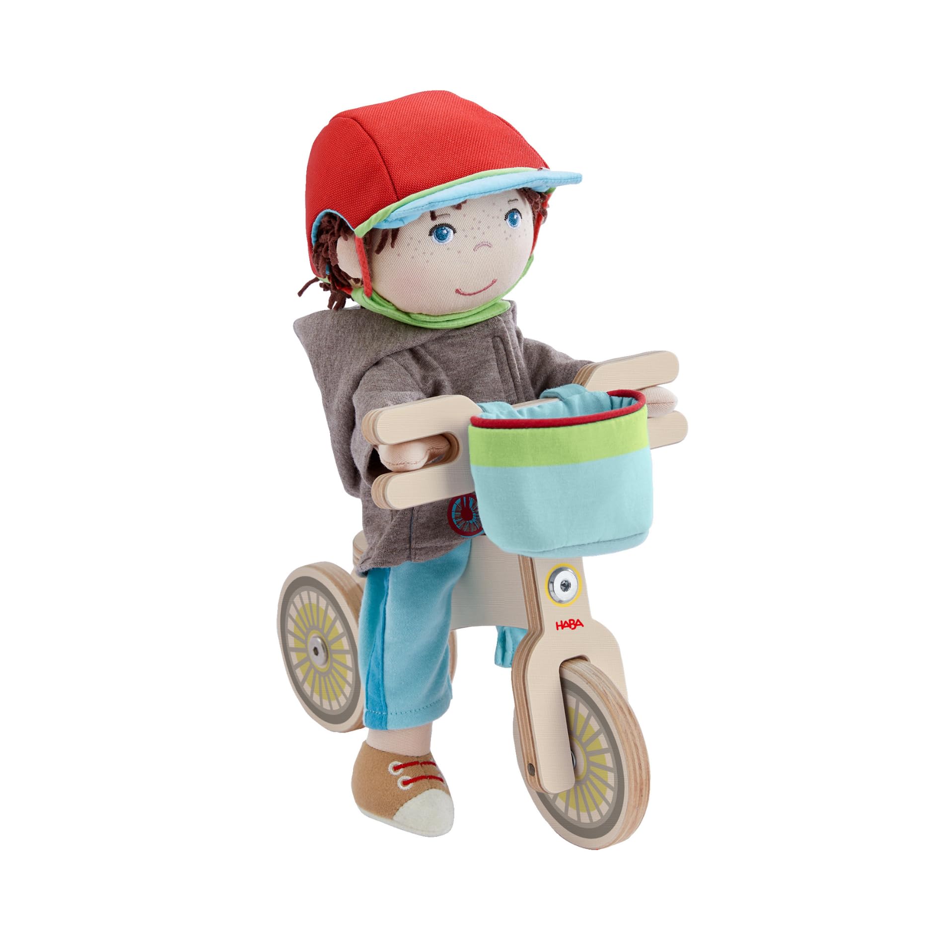 HABA Laufrad-Set Lian – Holz-Laufrad mit Puppe Lian, Fahrradhelm und Fahrradkorb – Fahrrad mit Doppelrad für sicheren Stand – 2011905001