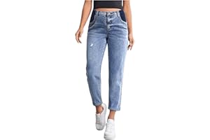 BEAUDRM Women's Maternity Casual High Waist Zipper Ripped Jeans Pants Trousers Mom Fit Denim Pants