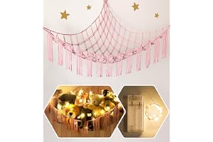 RELAXSCENE Stuffed Animal Hammock Corner Net with LED Light - Toy Storage Holder - Pink Cute Room Bedroom Decor for Teen Girls - Cute Bedroom Aesthetic Stuff for Baby Nursery Toddler Kids 8 - 10 - 12 Years Old