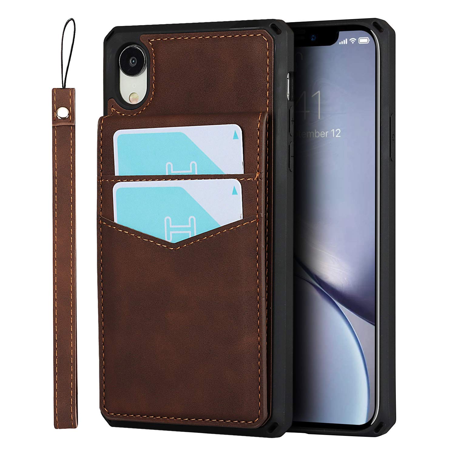 UEEBAI Wallet Case for iPhone XR, Premium Skin Feel Vintage PU Leather Case Back Wallet Kickstand Cover Card Slots Wrist Strap Magnetic Clasp Shockproof TPU Cover for iPhone XR - Dark Brown