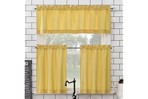 No. 918 Martine Microfiber Semi-Sheer Rod Pocket Kitchen Curtain Valance and Tiers Set, 54" x 24", Yellow