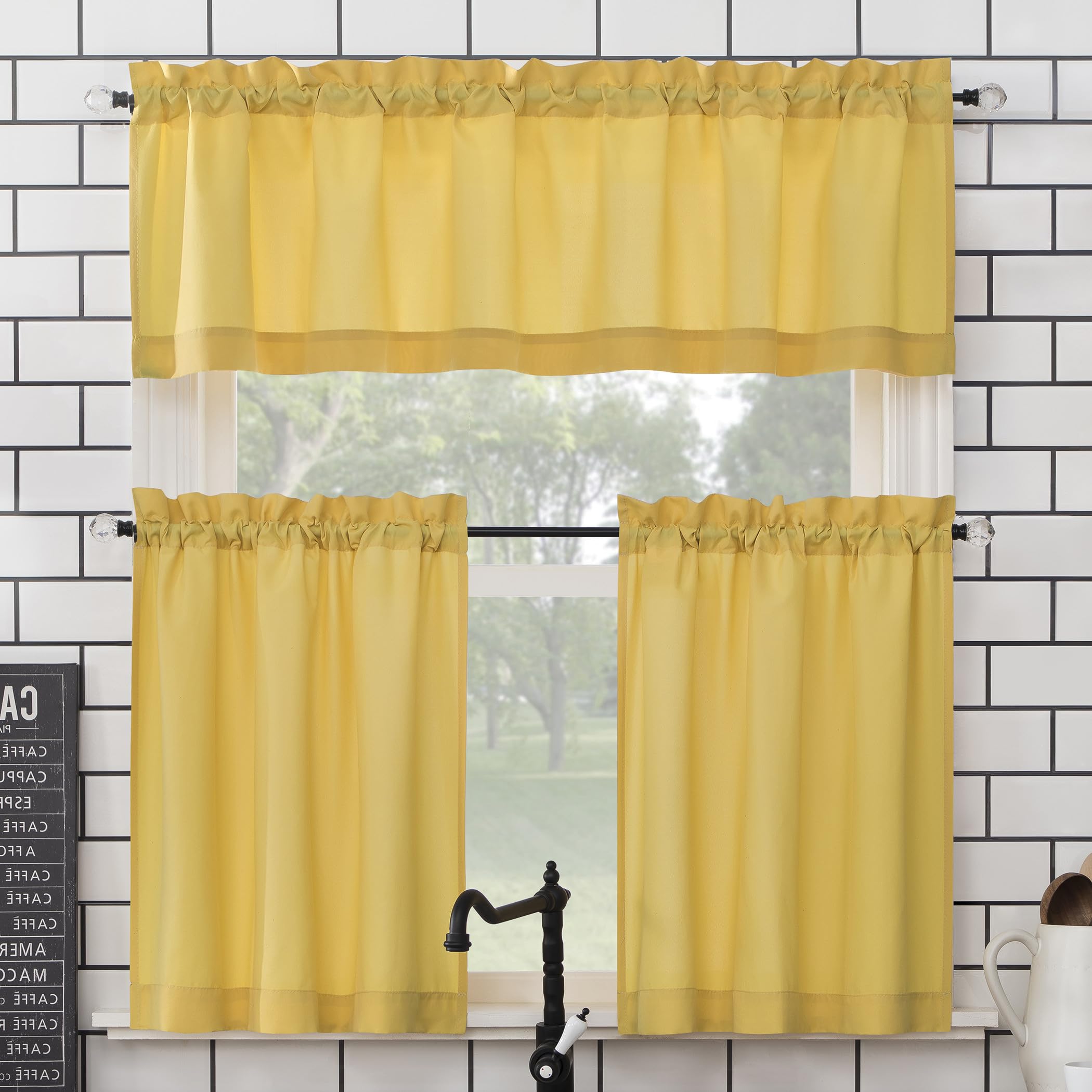 No. 918 Martine Microfiber Semi-Sheer Rod Pocket Kitchen Curtain Valance and Tiers Set, 54" x 24", Yellow