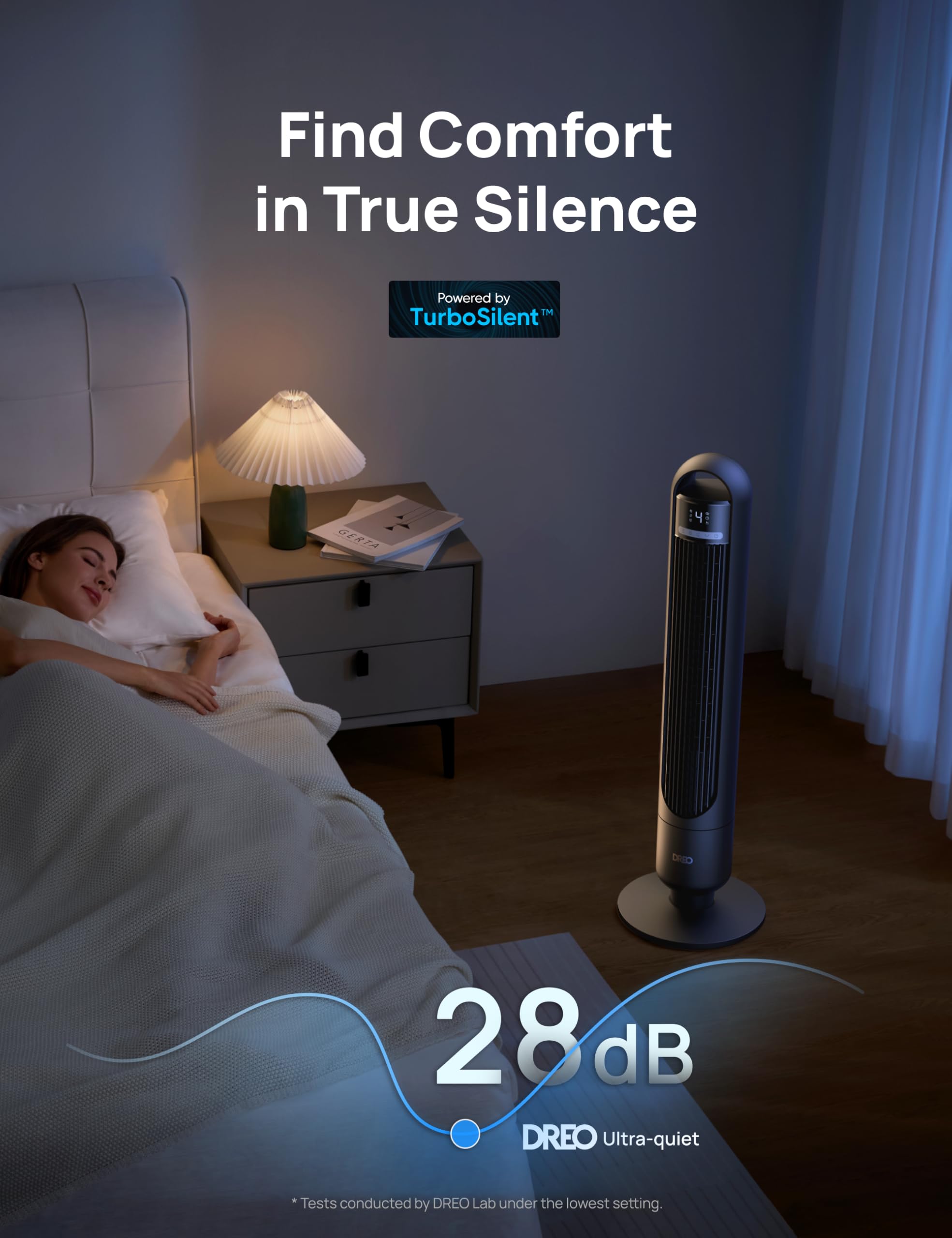 Dreo Tower Fan for Bedroom, 90° Oscillating Standing Fans for Room with 4 Speeds, 3 Modes, 28dB Quiet for Sleep, 25ft/s Velocity, 8H Timer, Remote, Living Room, Office, Home, Black, TF117