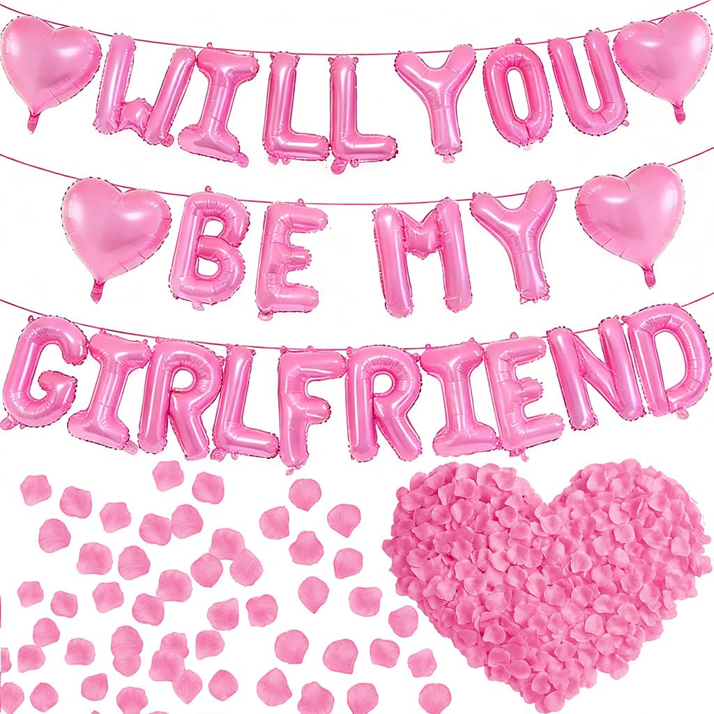 Photo 1 of 16 Inches Pink 'WILL YOU BE MY GIRLFRIEND' Proposal Letter Balloons with Heart-Shaped Foil Balloons and Rose Petals for Romantic Special Night Decorations, Engagements, Proposals, and Valentine's Day