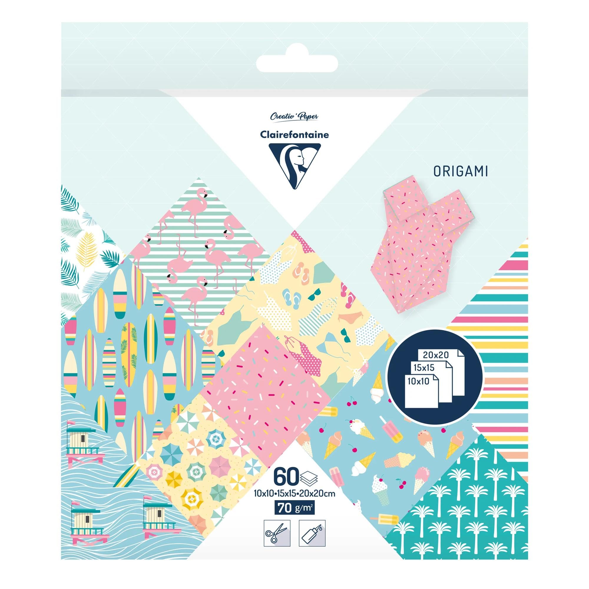 Clairefontaine 95363C 60 Sheets Origami Paper 70g/m² 3 Sizes 10x10cm 15x15cm 20x20cm 10 Ast Coloured Designs 2 Sheets Size Creative Adults Children California