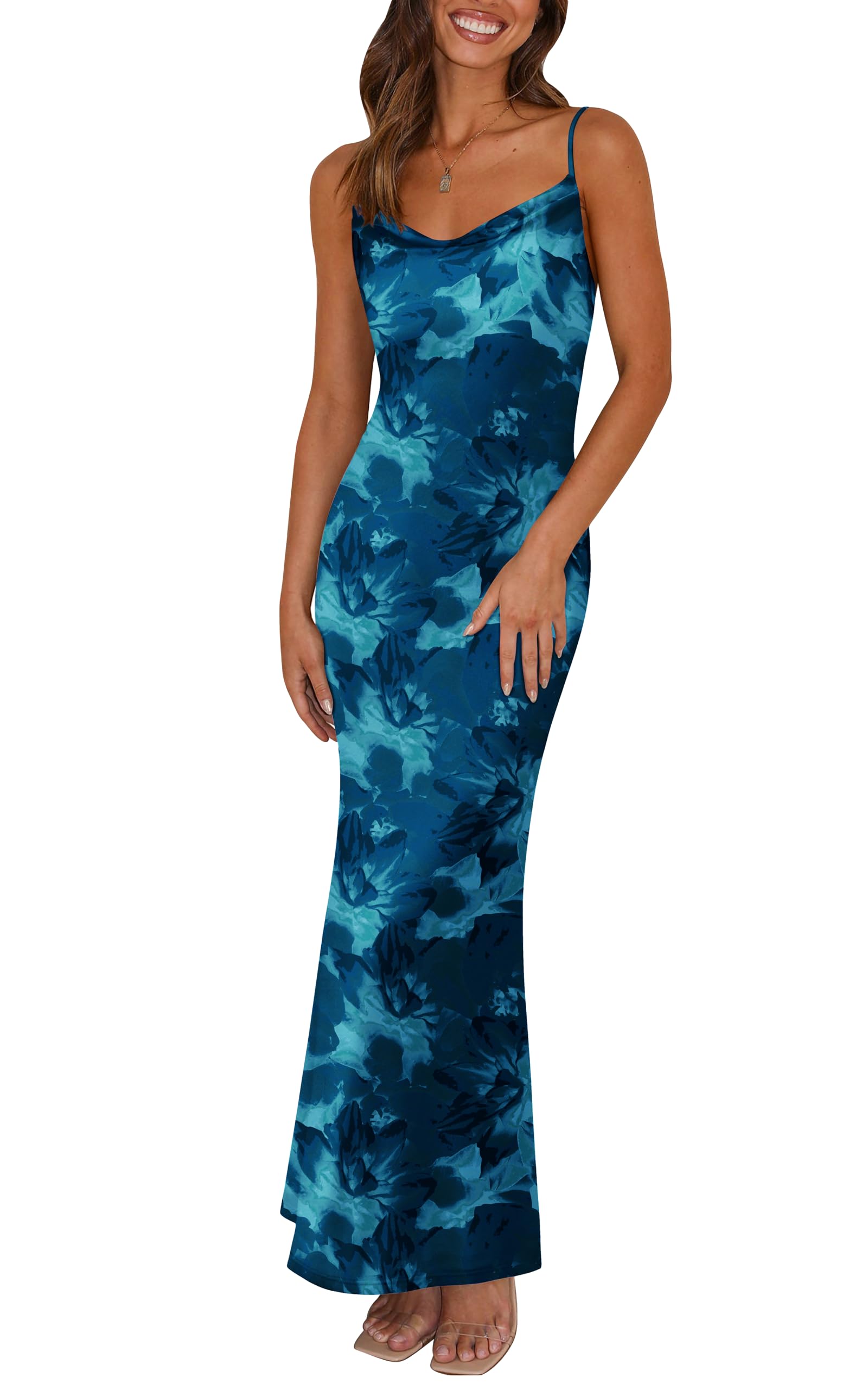 PRETTYGARDEN Floral Summer Wedding Guest Dresses for Women Adjustable Straps Sexy Dress Sleeveless Mesh Bodycon Maxi Dress (Lake Blue, Medium) Image