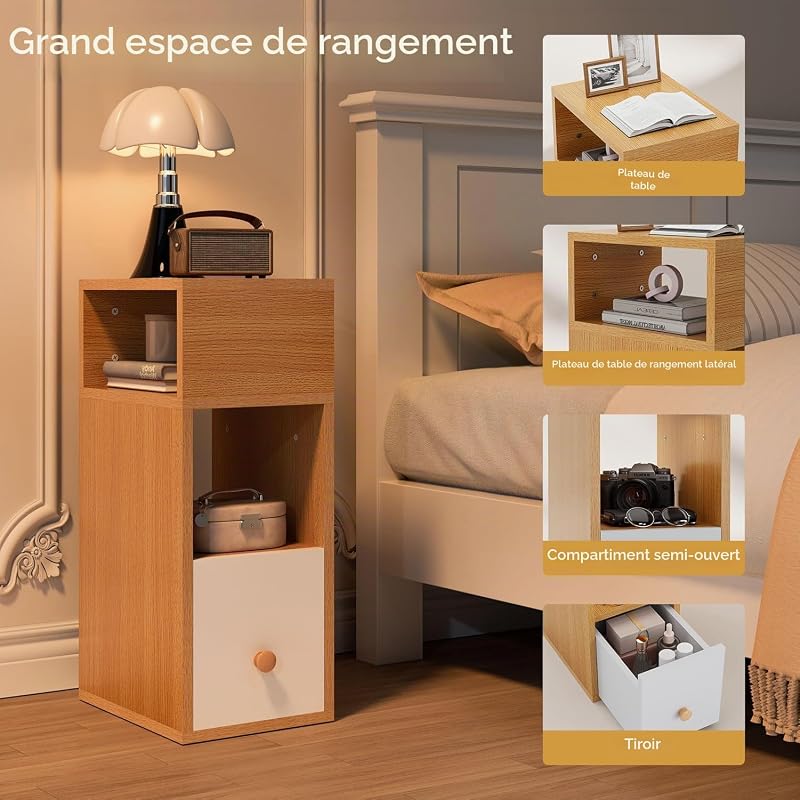 Lot de 2 Tables de Chevet Étroite,avec Tiroir,Naturelle WNS006N-2 — photo 7 sur 8