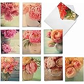 The Best Card Company - 10 Blank Note Cards with Flowers (4 x 5.12 Inch) - Floral Notecards, All Occasion Boxed Assortment - Full Blooms M6553OCB