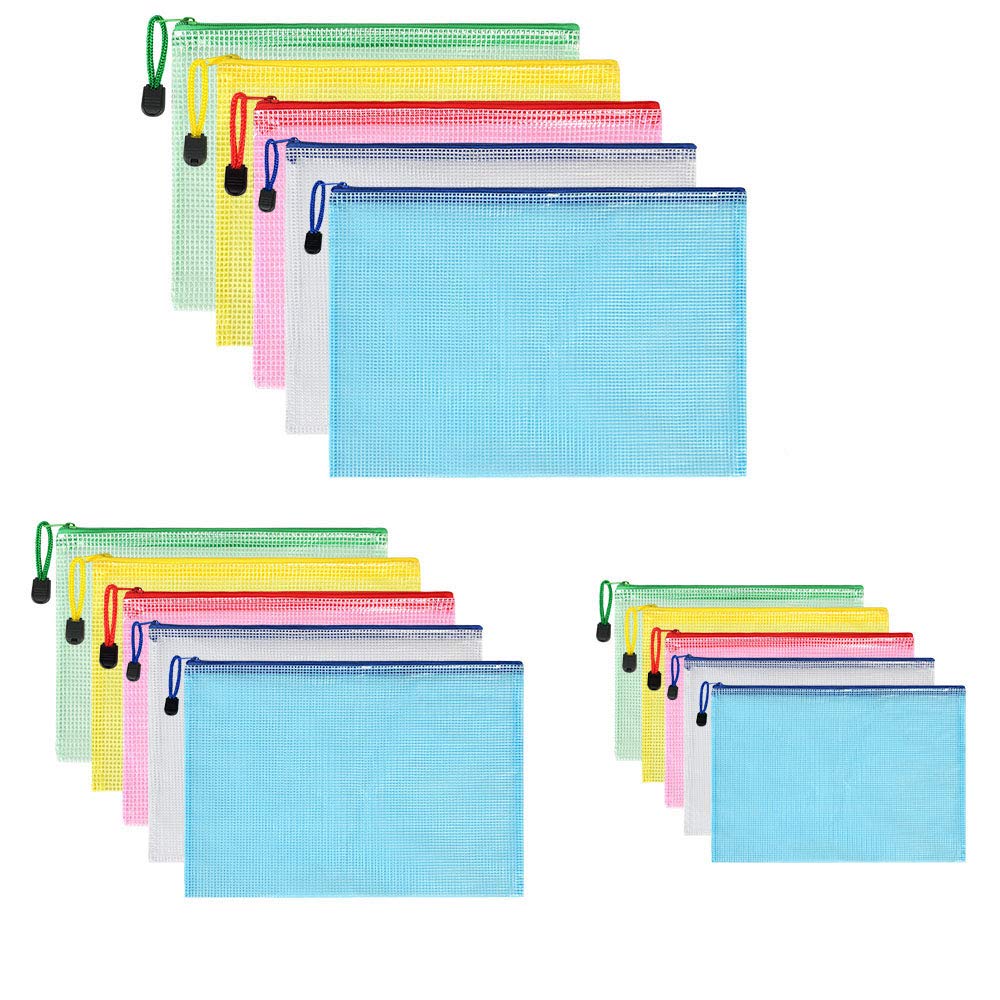 Vicloon Plastic Wallets, 15Pcs A3 A4 A5 Zip Lock Bags Mesh Document Wallet Document Folders Plastic Pockets Zipper File Wallet for School Office Homework Storage Bags