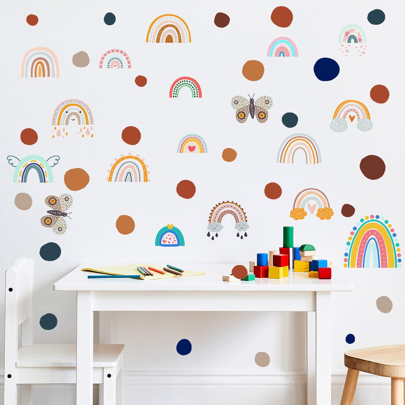 KASESSS Rainbow Wall Stickers, Cute Rainbow Wallpaper, 8Sheets Rainbow Wall Decal and 2Sheets Irregular Polka Dot Boho Wall Stickers, Wall Sticker for Girls Kids Nursery Bedroom Classroom Living Room