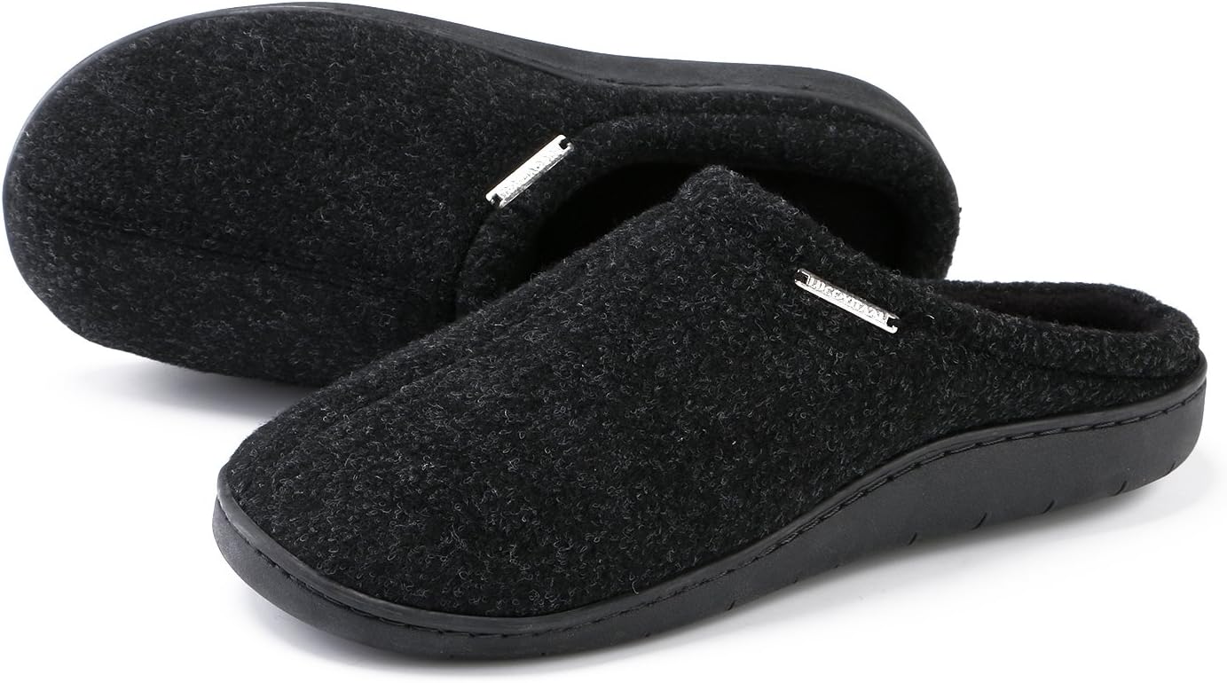 Comfort Memory Foam Slippers Wool-Like Plush Fleece Lined House Shoes w/Indoor, Outdoor Anti-Skid Rubber Sole