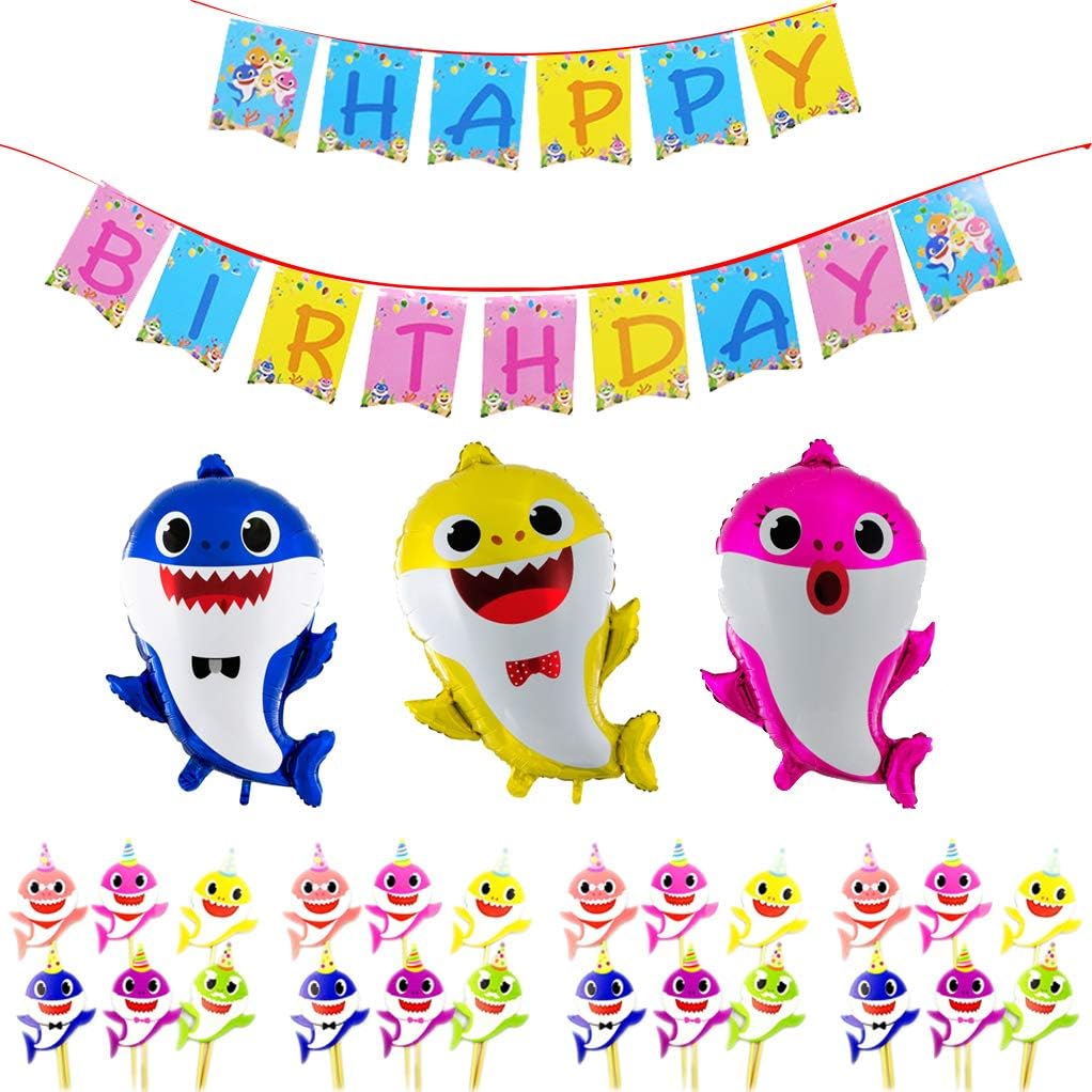 Shark Birthday Party Supplies Set 28pcs Cute Shark Party Decorations Happy Birthday Banner, Shark Balloons, Shark Cake Topper for Family Baby Shower Birthday Party Decorations