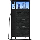 Furnulem Dresser for Bedroom, Tall Nightstand, Vertical Chest with Wood Top, Charging Station, LED Lights, 5 Fabric Bins, Bedside Table with Shelf, Furniture for Entryway (5 Drawer, Black Oak)