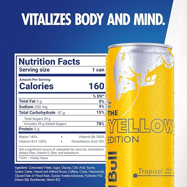 RED BULL YELLOW EDITION TROPICAL ENERGY DRINK. 12 FL OZ, 4 CANS