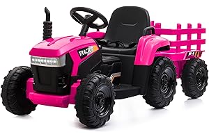 TOBBI Kids Electric Ride On Toy Tractor, 12v Battery-Powered 4 Wheels Ride On Car with Trailer, 35W Dual Motors/3-Gear-Shift/LED Lights/USB Audio Functions for Toddlers 3-6 Years-Rose Red