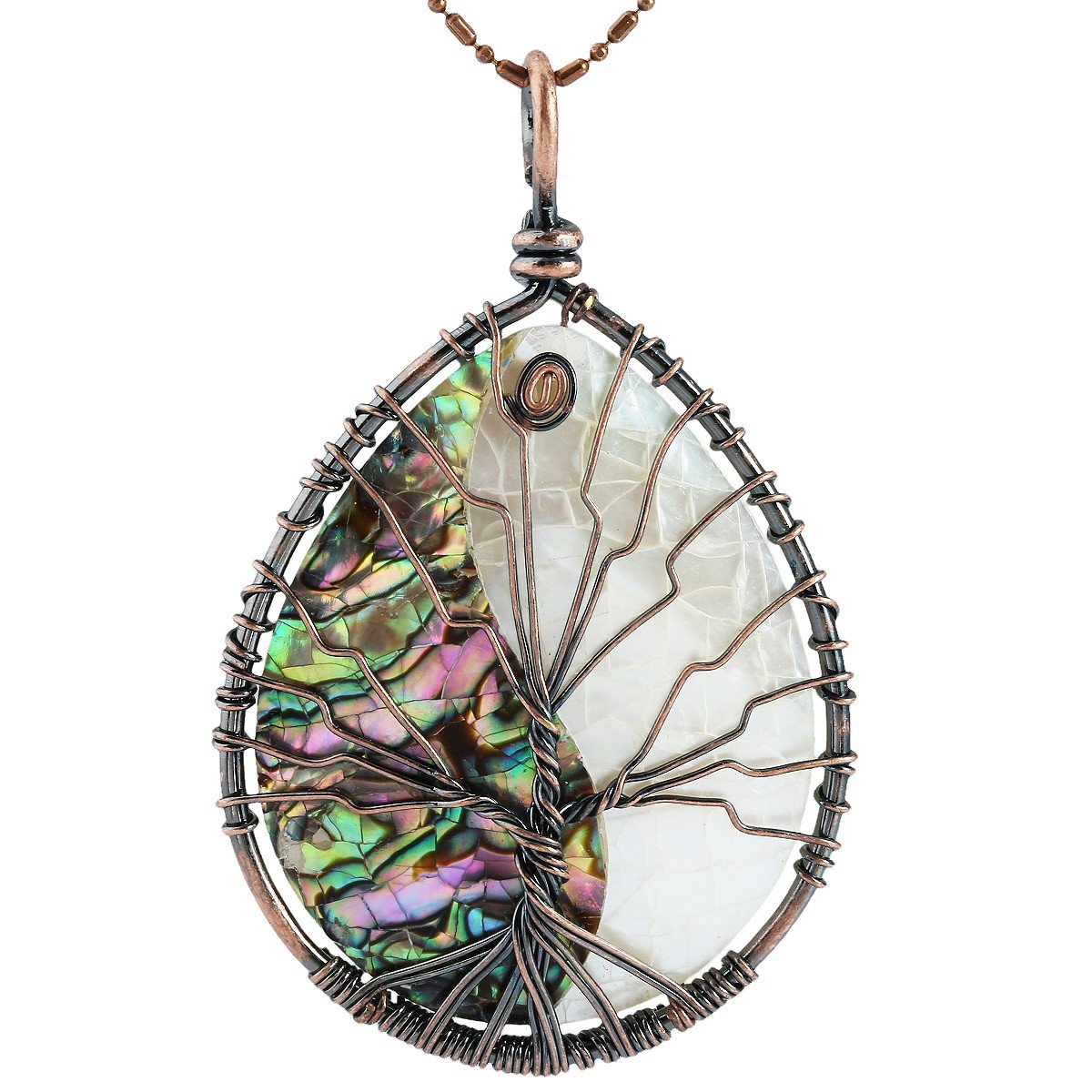 mookaitedecor Abalone Paua Shell Jewellery Necklace Tree of Life Pendant Necklace, Yin Yang Tai Chi Pendant Reiki Chakra Healing Crystal Necklace Gift Fancy Colourful Boho Necklace Semi Precious Stone
