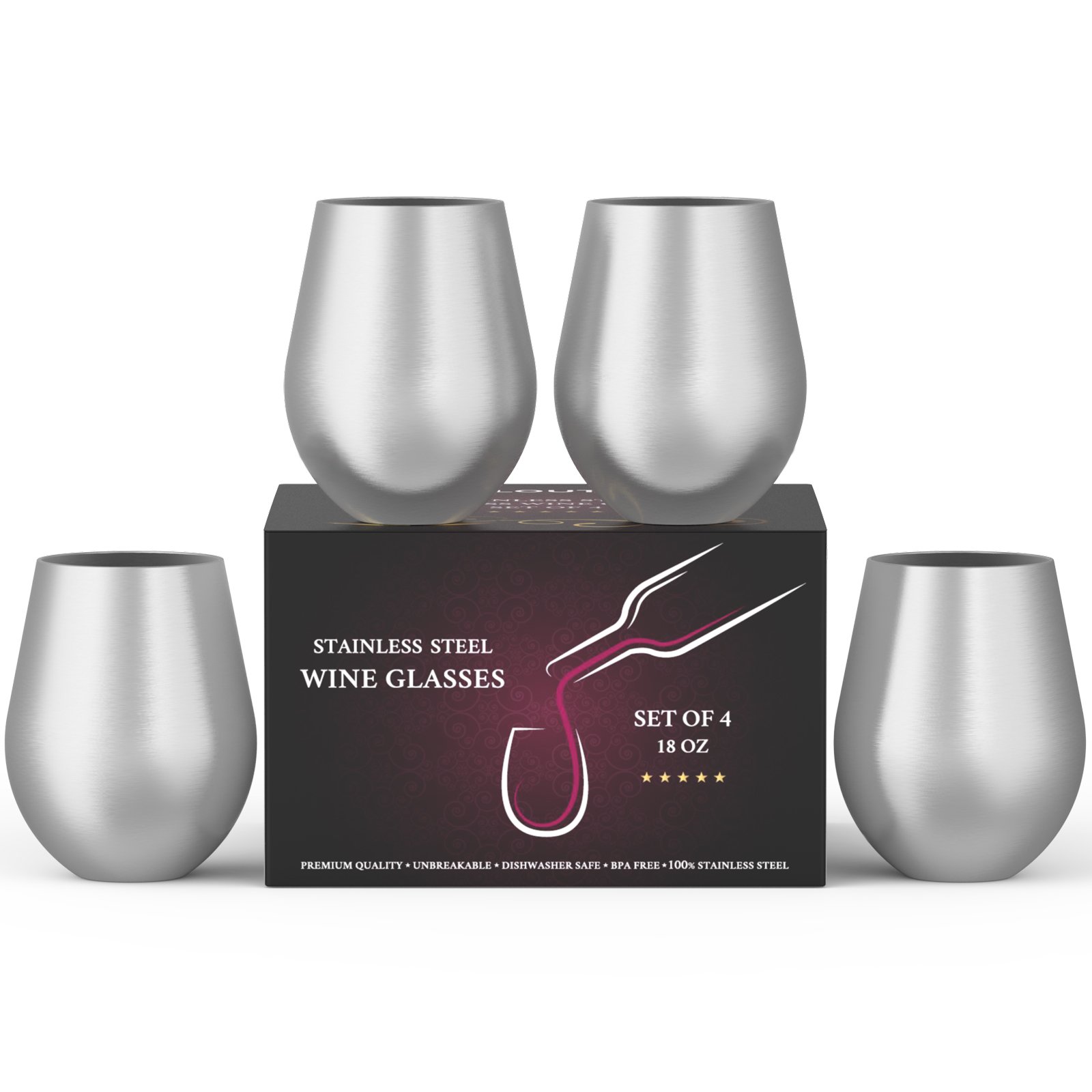 Stainless Steel Wine Stemless Glasses Set of 4, 18 oz metal wine