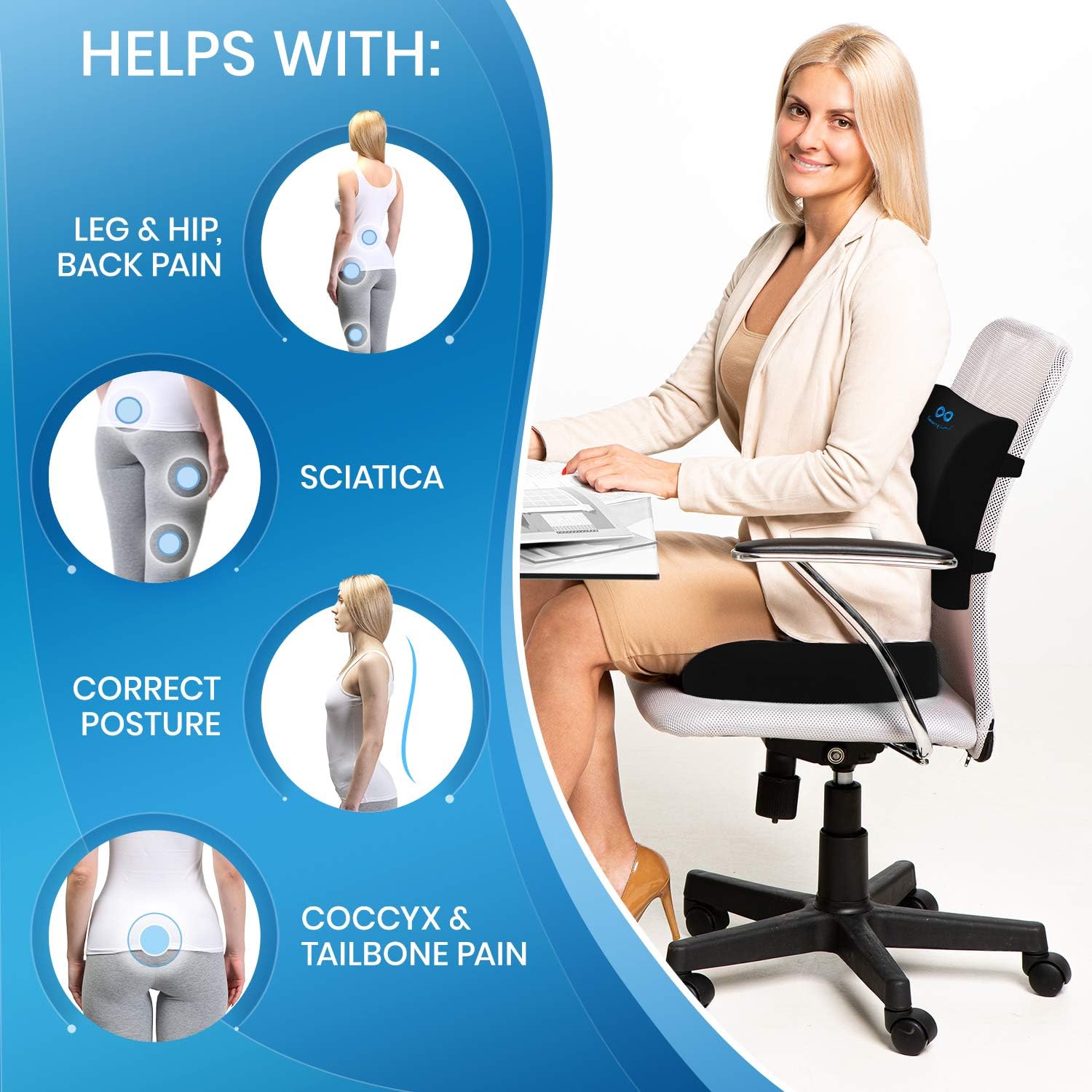 Everlasting Comfort Memory Foam Seat Cushion and Lumbar Back Cushion Combo - Gel Infused and Ventilated - Orthopedic Design for Coccyx and Tailbone Pain - Can Help Sciatica - Perfect for Office Chair: Home & Kitchen