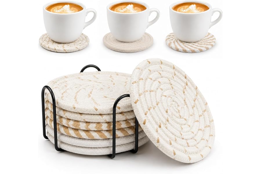 ZRHI 6pcs Cotton Woven Coasters for Drinks, Absorbent Coasters Set with Holder, 210°F Heat Resistant, 4.4 Inch Diameter, Cup Book