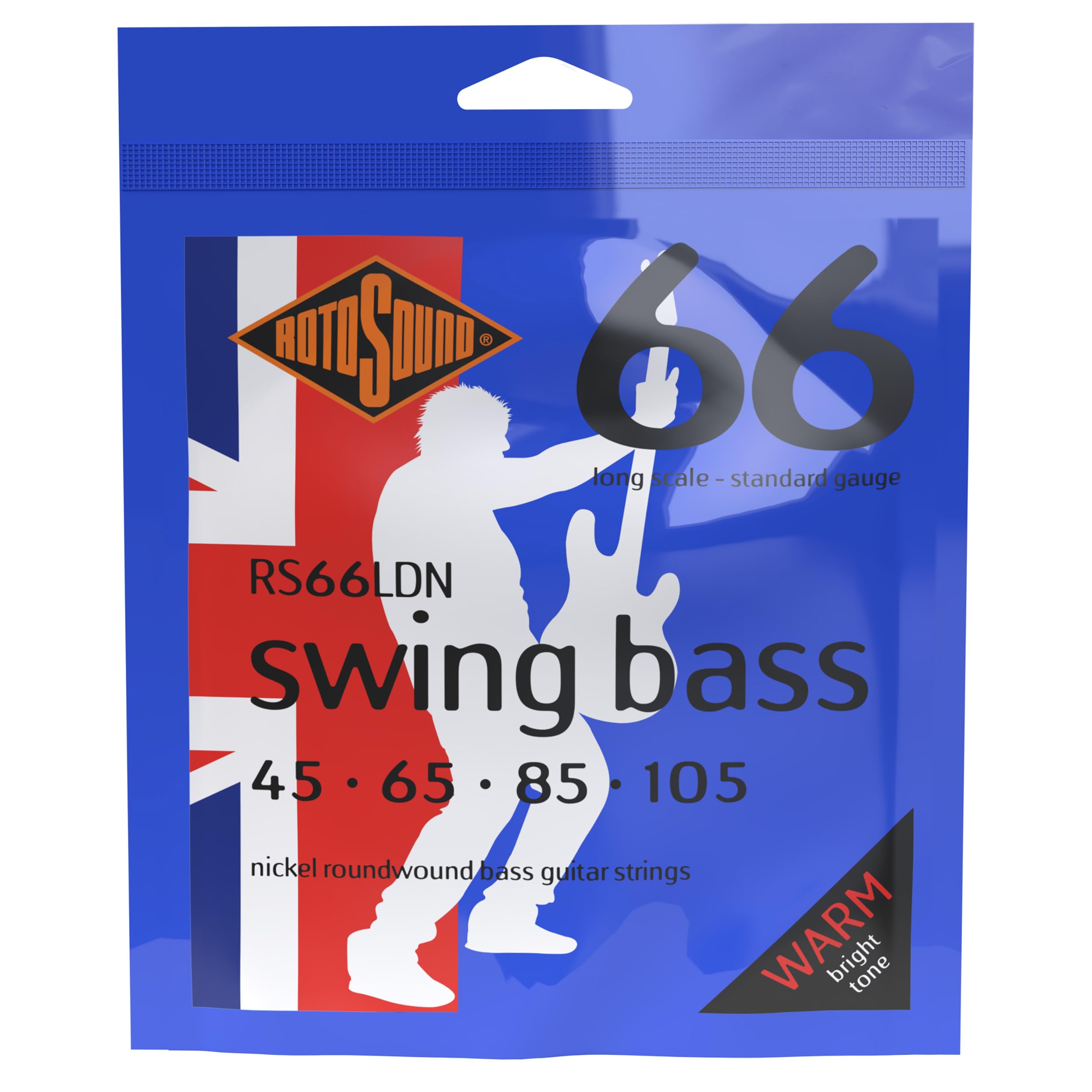 Rotosound RS66LDN Nickel Standard Gauge Roundwound Bass Strings (45 65 85 105), White Black Red Blue,Small Medium Large X-Large 2X-Large