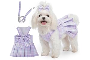 Yymobt Cute Plaid Dog Dress Clothes for Small Dogs Cats Girl Purple Plaid Dog Dress with Pearls Bow Tie Harness Leash for Spr