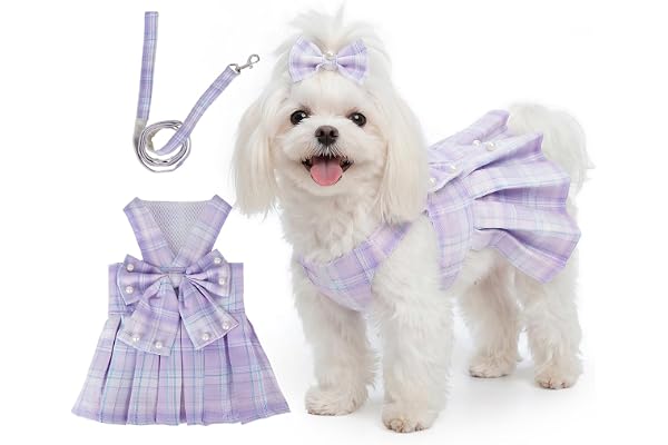 Yymobt Cute Plaid Dog Dress Clothes for Small Dogs Cats Girl Purple Plaid Dog Dress with Pearls Bow Tie Harness Leash for Spr
