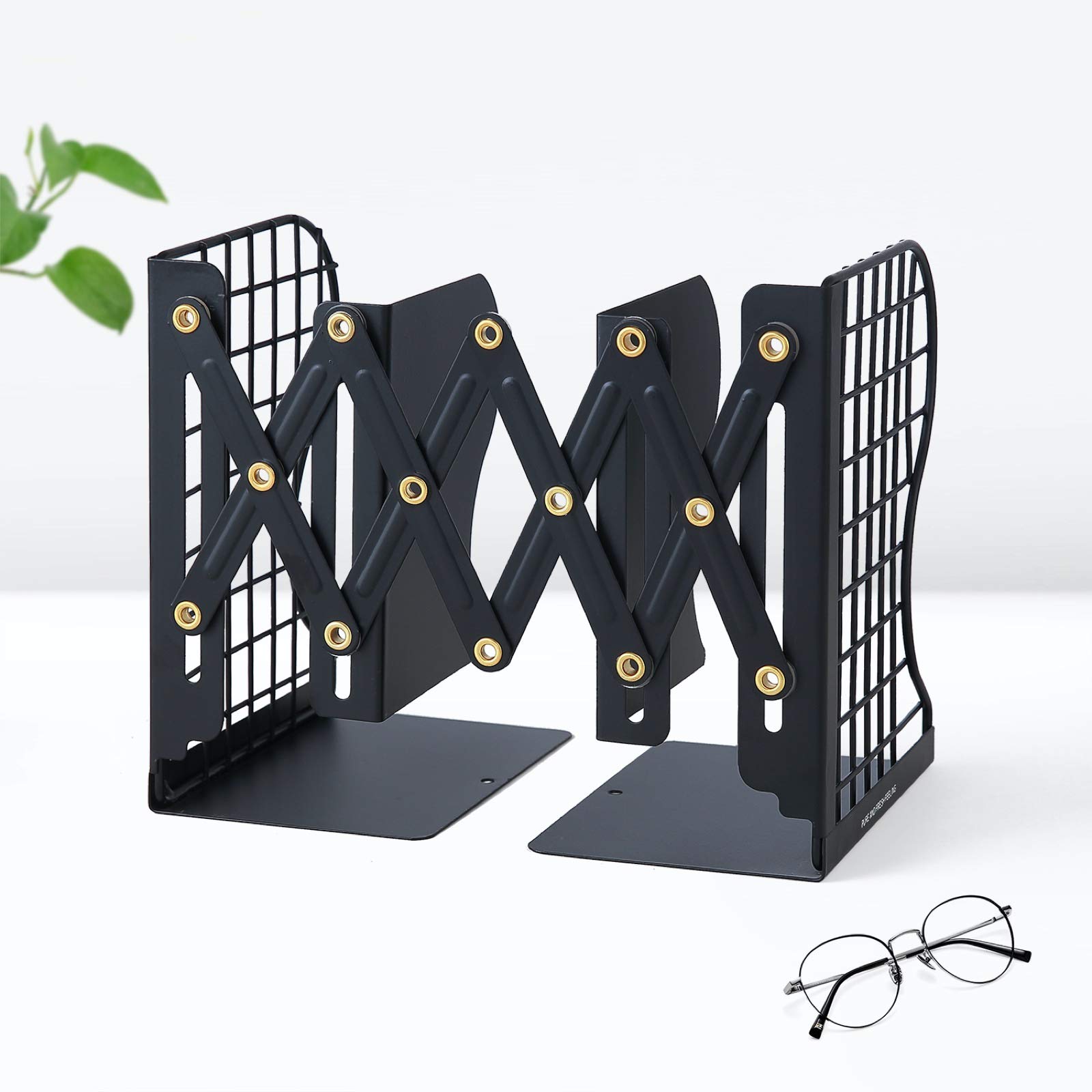 NADESSA Adjustable Bookends, Simple Heavy-Duty Hollow Metal Bookends, Adjustable Up to 14 Inches, Scratch-Resistant Hand Coating, Used in Schools, Libraries, Students, and Families (Black)