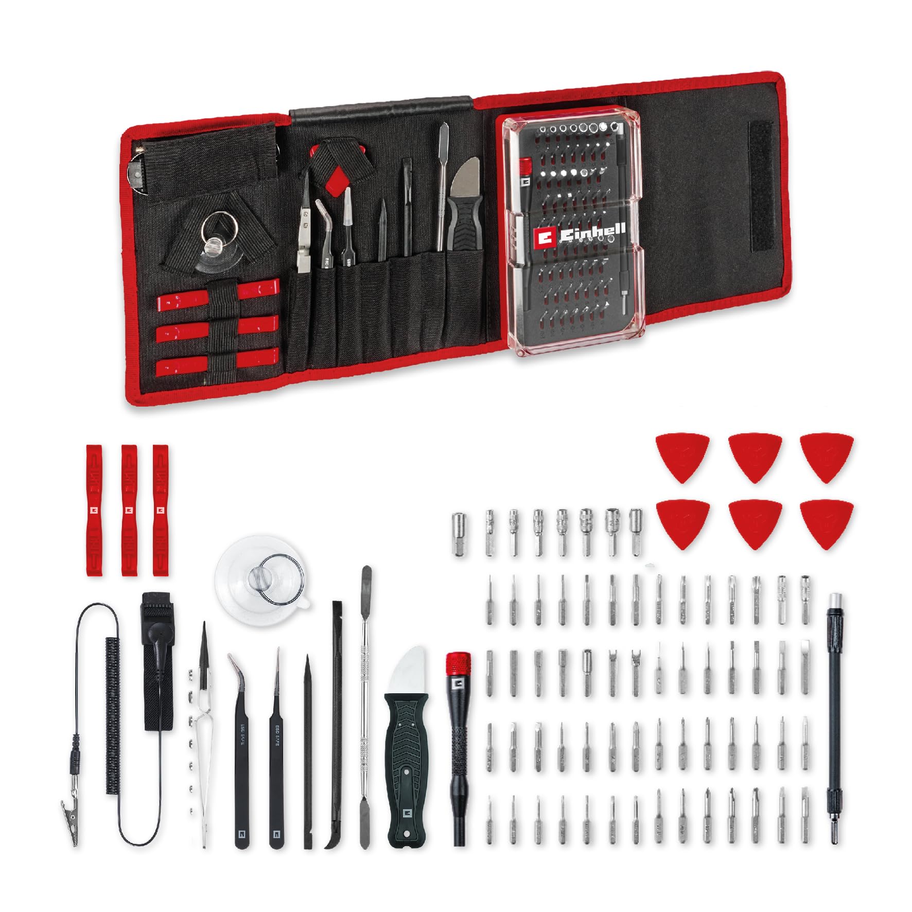 Original Einhell 84-piece precision and electronics repair set (precision bits and sockets, screwdriver bit holder, flexible shaft extension, earthing strap, spudger)