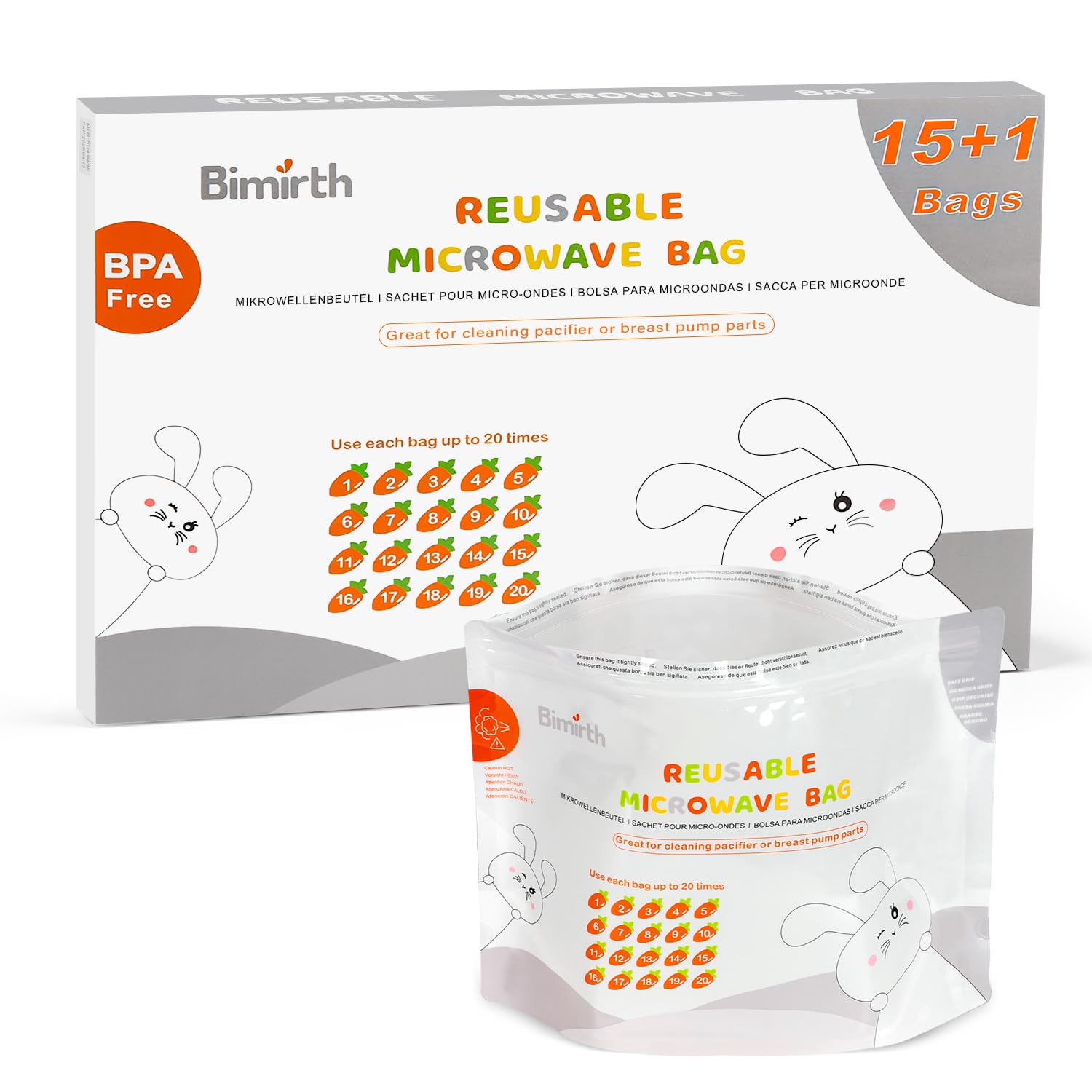 Bimirth Microwave Steriliser Bags, Pack of 16 Reusable, Only 3 Minutes, Cleaning Baby Bottles, Pacifier, Teethers & Training Cup, Breast Pump Parts or Accessories, 20 Uses Per Bag, Chemical Free