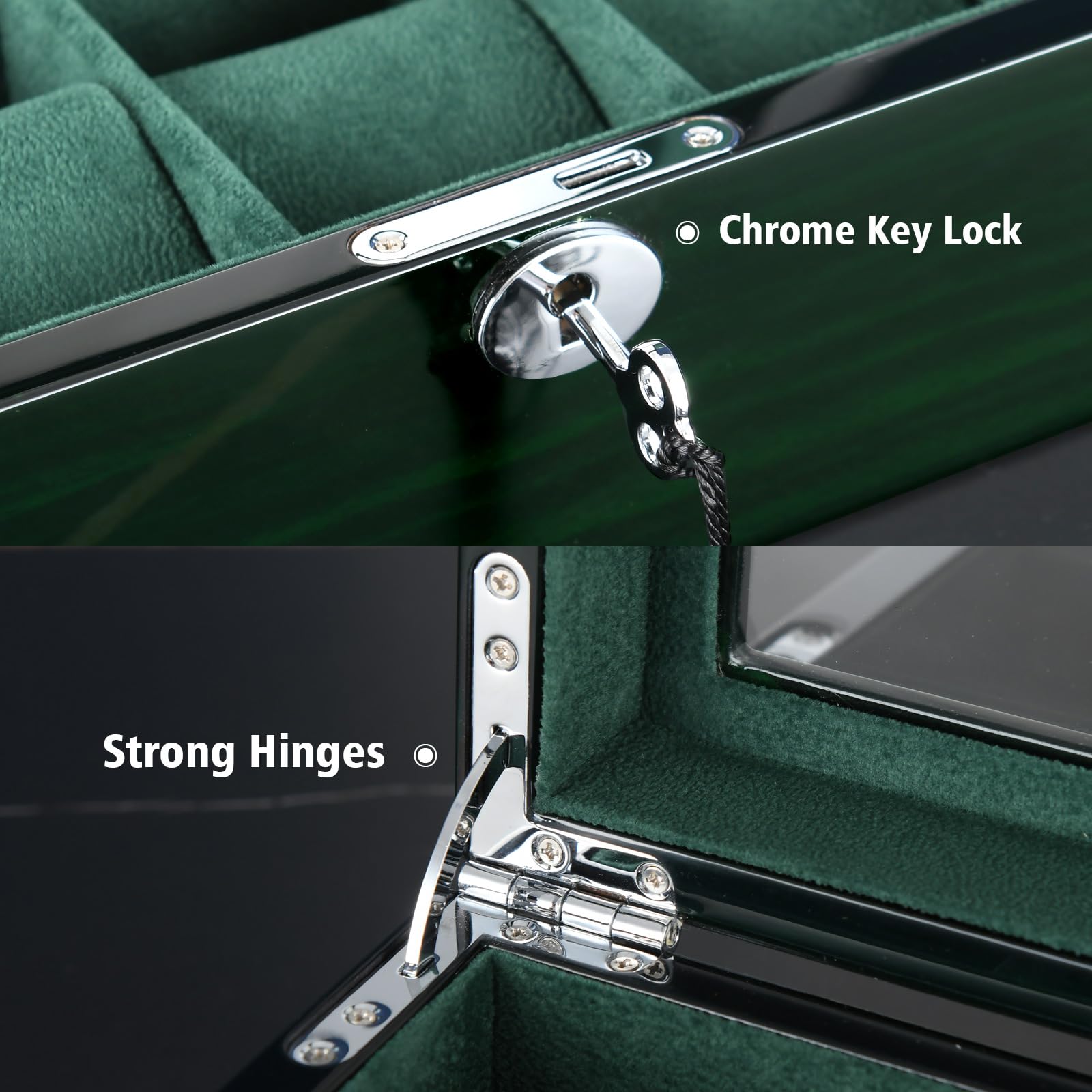 Watch Box for Men 10 Watches Storage Organizer Case, Smart Watch Display, Green Wood with Soft Suede Interior, Large Glass Window, Gift for Women and Man (10W-GR)