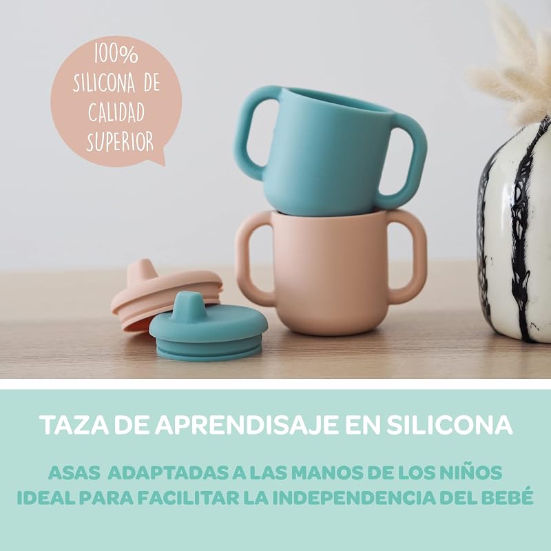 , copo de aprendizagem para bebés, função biberão/copo, silicone de 100% qualidade, pegas largas, fácil de segurar, ergonómico, bico flexível, azul