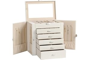 Frebeauty Large Jewelry Box,6-Tier PU Leather Jewelry Organizer,Multi-functional Storage Case with Mirror,Accessories Holder with 5 Drawers for Necklace Bracelets Watches(Pearl White)