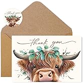 Whaline 36Pcs Eucalyptus Leaves Highland Cow Thank You Card with Envelopes and Stickers Greenery Cow Greeting Cards Blank Note Cards for Wedding Bridal Baby Shower Birthday