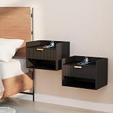 Arbuxzuy Floating Nightstand Set of 2 with Charging Station and Drawer | Modern Black Wall Mounted Bedside Table with Open Shelf, Minimalist Wooden Floating Night Stand for Bedroom Small Spaces