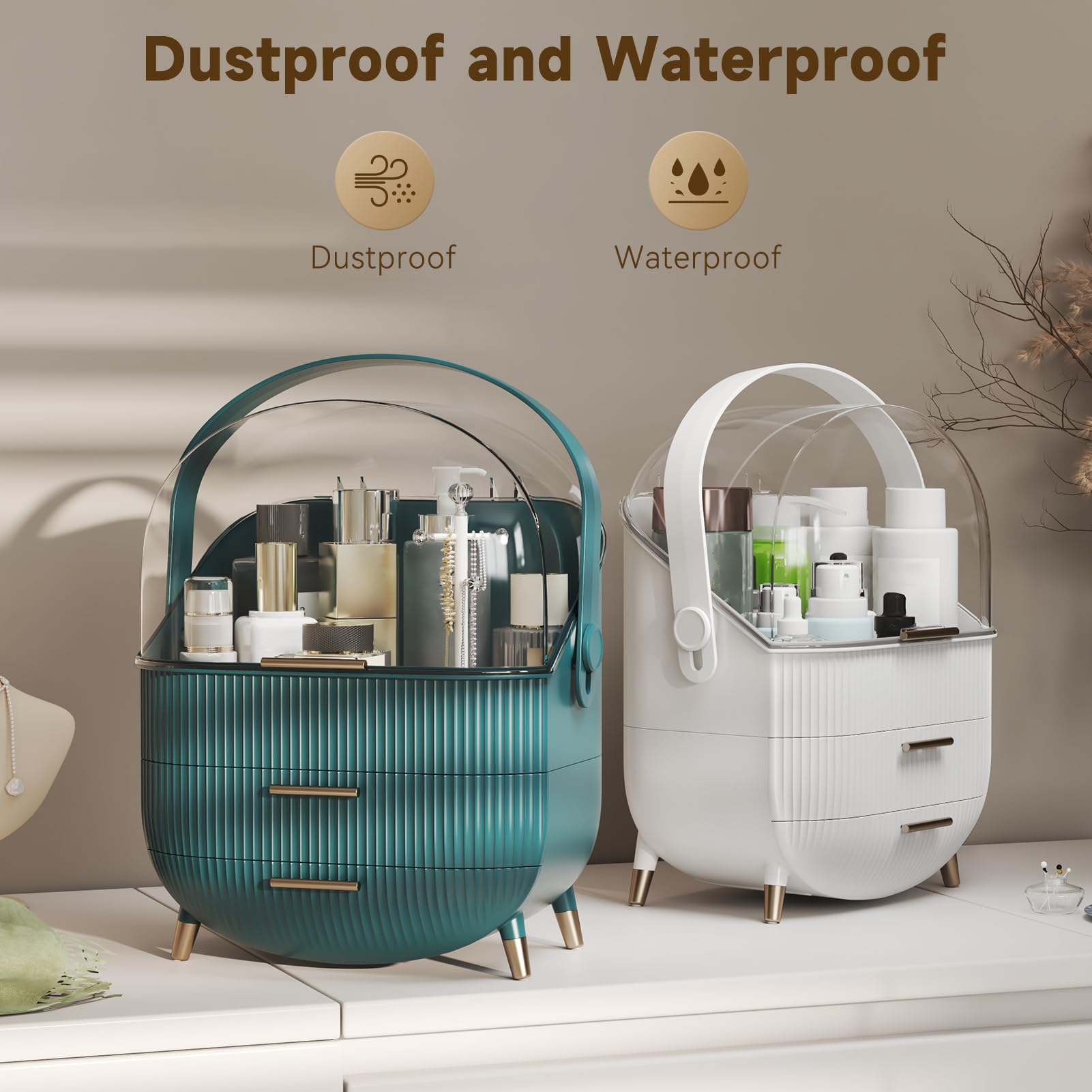 Makeup Organizers, Make Up Organizer for Vanity, Countertop Cosmetic Storage with Drawers and Transparent Cover for Bedroom Bathroom, White