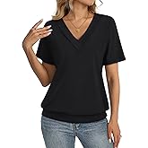 TCITICMISS Womens Short Sleeve Tops Banded Bottom V Neck Summer T Shirt Casual Basic Tees