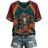 Women's Mexico Day of the Dead Floral Sugar Skull V-Neck Tees