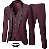 MY'S Mens 3 Piece Tuxedo Set with Bow Tie, Shawl Lapel One Button Jacket Vest & Pants, Slim Fit Suit Prom Party Wedding Tux