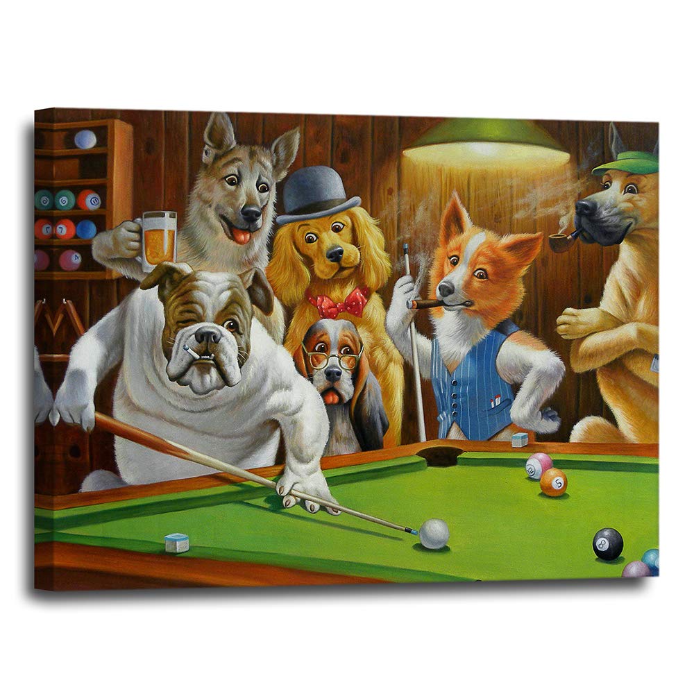 Funny Dog Decor on Canvas 16x20 - Dogs Playing Pool Wall Art for Living Room, Bedroom, Dorm, Apartme
