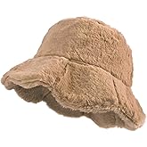 Yonchic Winter Faux Fur Plush Bucket Hat, Soft Ruffle Sweet Lotus Leaf Fisherman Hat, Fluffy Outdoor Thick Warm Cap for Women