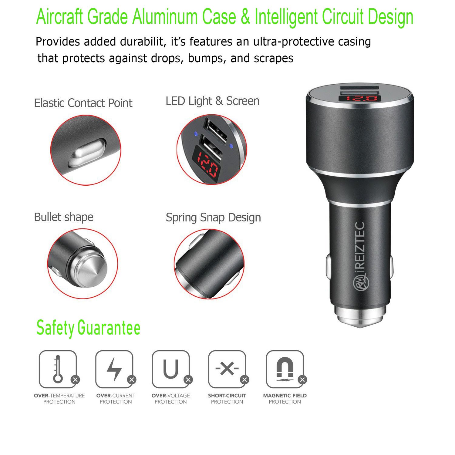 Dual USB Car Charger For iPhone x 8 6 7 Plus, fast car charger quick charge 3.0 for Galaxy S9 S8 S7 S6 Edge Plus Note 8, Cigarette Lighter Adapter w/Safety Hammer, 34W QC 3.0 & 5V/2.1A Ports black