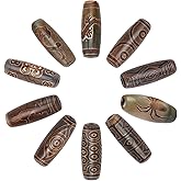 PandaHall 10 Styles Tibetan Agate Stone Beads Tribal Style Dzi Eyes Beads Olive Shape Stone with 2-21 Eyes Dyed & Heated Gemstone for Buddhism Jewelry Prayer Beading Supplies, 28.5x10mm