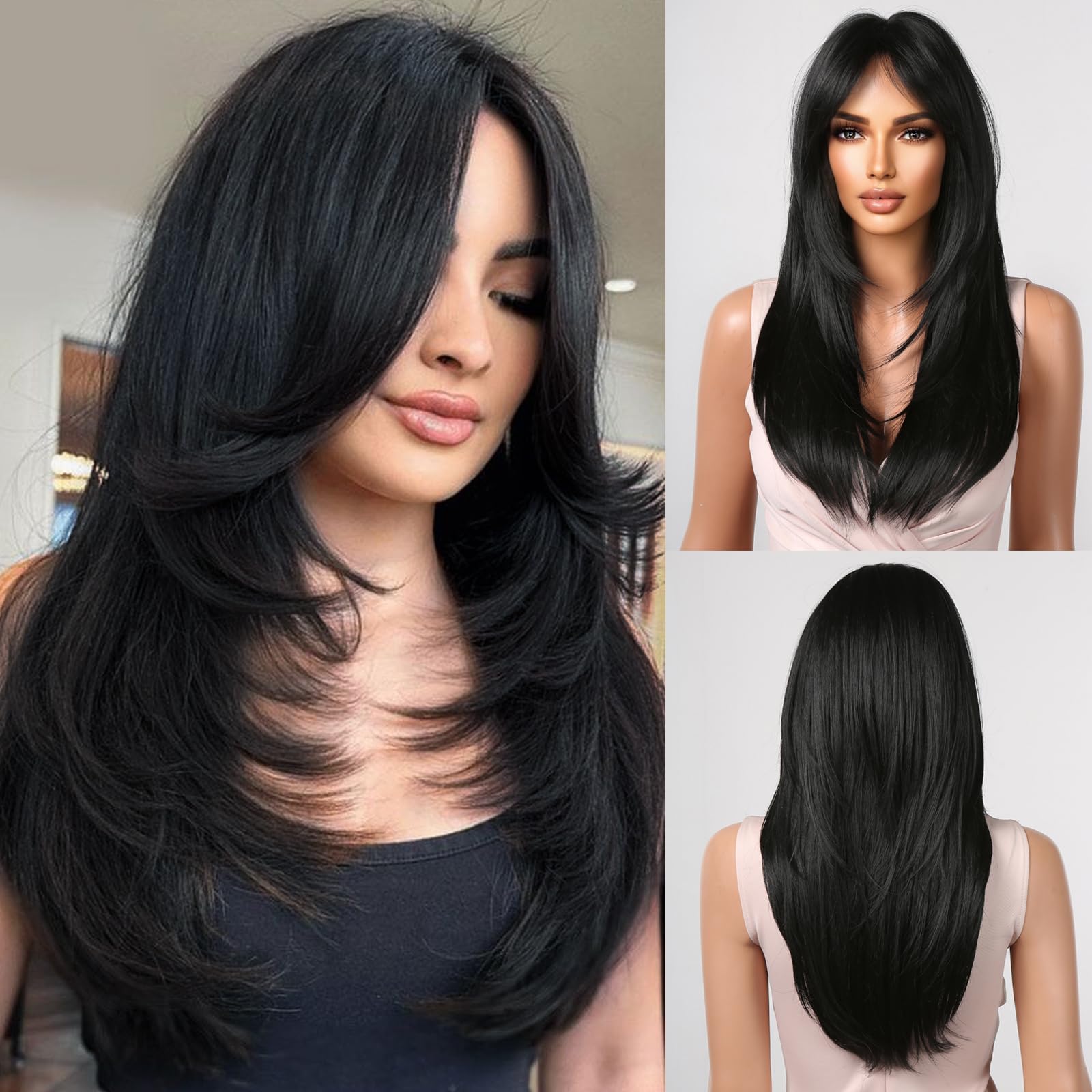 Allbell Natural Black Wigs with Bangs Long Straight Layered Wig for Women Heat Resistant Syntehtic Hair Wigs โ image 1