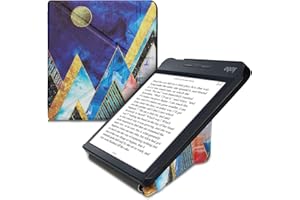 kwmobile Origami Case Compatible with Kobo Libra H2O - Case Slim Premium PU Leather Cover with Stand - Moon and Mountains Gold/Coral/Dark Blue