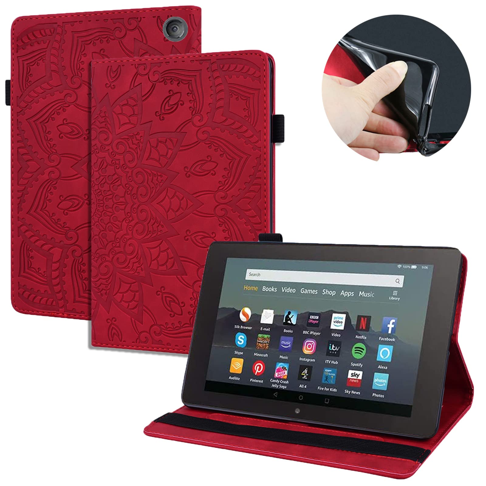 Miimall for Kindle Fire 7 2022 Tablet Case with Folding Stand, [Card Slot] [Pen Holder] Slim PU Leather Shell Full Coverage Bumper Flip Cover for Kindle Fire 7(7’’, 2022 Release-12th Generation)-Red