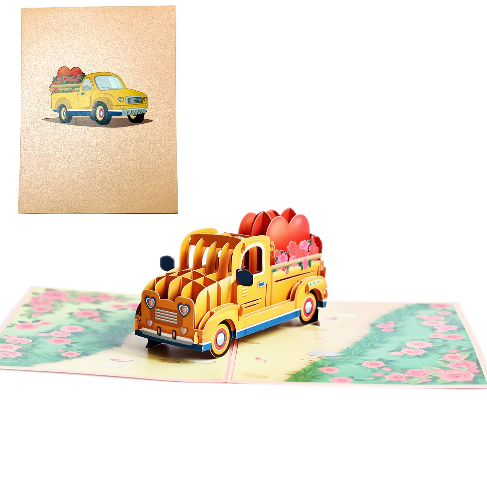 FAPUMOE 3D Pop Up Wedding Car Greeting Card, Handmade 3D Flower Balloon Truck Pop-up Card For Mothers Day Valentines Wedding Anniversary Love Romance Thank You Thinking of You