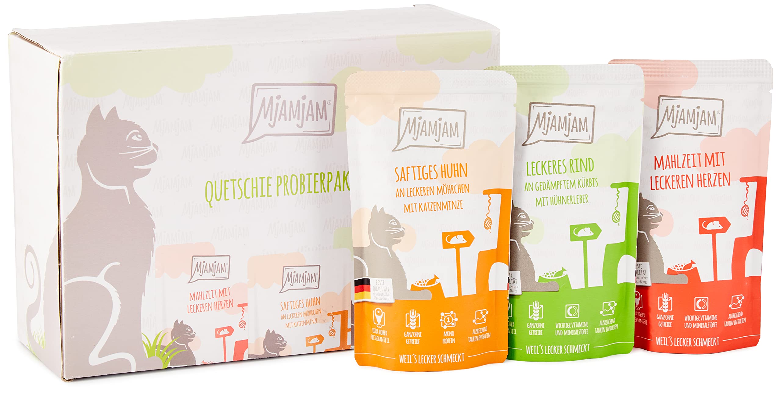 MjAMjAM - premium wet food for cats - mixed package I - chicken, beef, hearts, pack of 12 (12 x 125 g), grain-free with extra meat