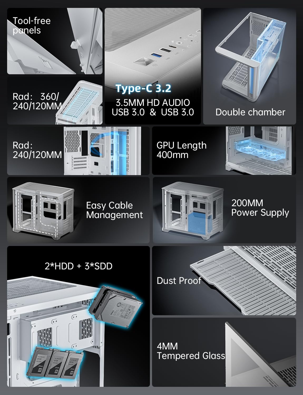 AsiaHorse Pegasus Micro ATX PC Case Dual Chamber 270° Full View Tempered Glass Huge Space MATX Gaming PC Case-360mm Radiator, RTX 40 Compatible, High Airflow Full-Tower MATX Computer Cases-White